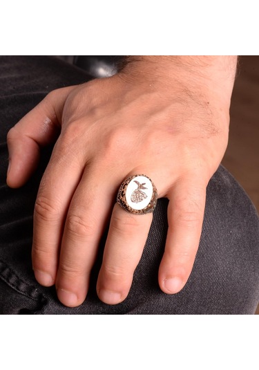 Doğal İnci Taşlı Yüzük, Mevlevi İslami Gümüş Yüzük, 925 Ayar Gümüş Erkek Yüzük Gümüş