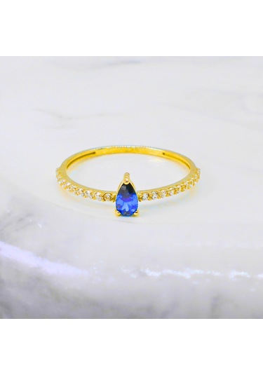 14 Ayar Altın Damla Kesim Safir Yüzük 14 Ayar Altın