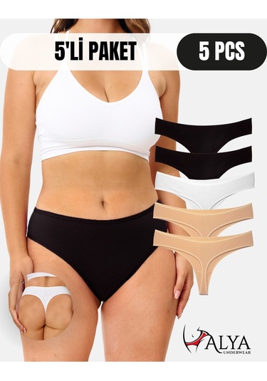 Alya Underwear Kadın Bato Tanga Pamuklu Külot, Büyük Beden String, 5'li Paket- 2 Siyah, 1 Beyaz, 2 Ten Renkli P02