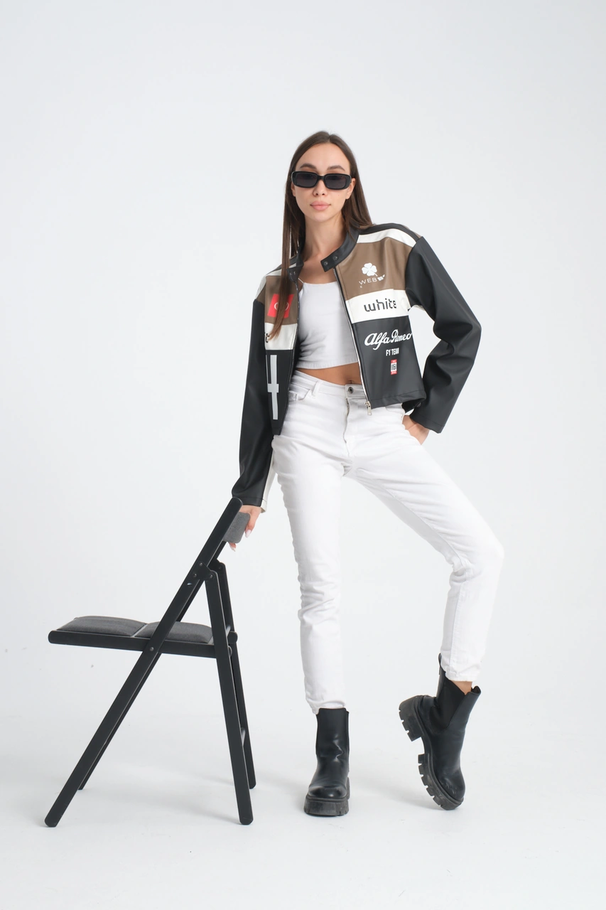 Kadın Oversize Baskılı Deri Şeritli Motorcu Montu Garnili Fermuarlı Yarışçı Ceketi Bomber Kolej Mont Açık Kahve