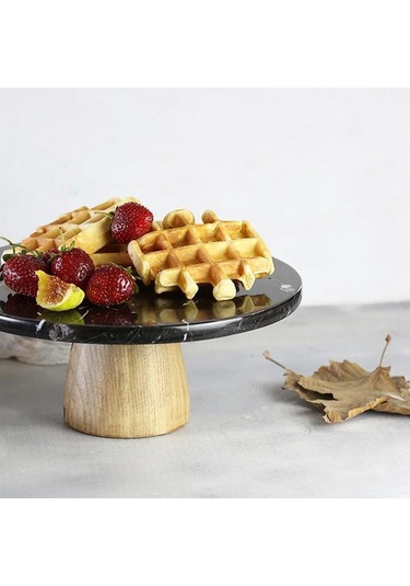 Akayev Mermer 25 Cm Konik Ahşap Ayaklı Siyah Yuvarlak Sunum Tabağ