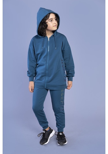 Toontoy Erkek Çocuk Kapüşonlu Baskılı Eşofman Takımı Petrol Mavi