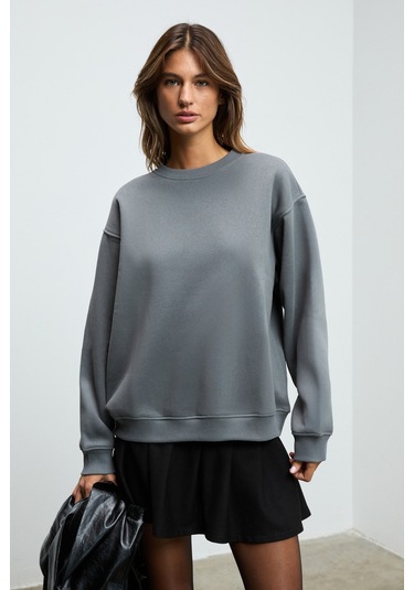 Grımelange Karıus Kadın Organik Pamuklu İçi Polarlı Oversize Yuvarlak Yakalı Gri Sweatshirt Gri