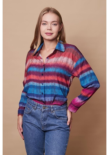 Kadın Desenli Yakalı Düşük Omuzlu Uzun Kol Şık Ofis Gömlek-Ebruli Desen Ebruli Desen