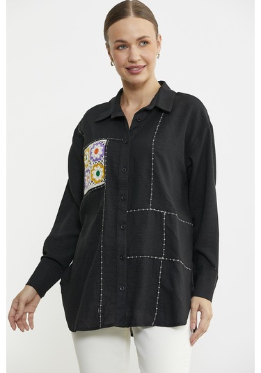 Renkli Dantel Detaylı Tunik Gömlek - Siyah Siyah