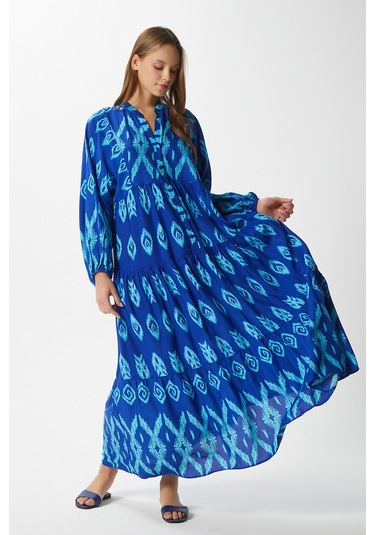 Modest Kadın Megan %100 Viskon Maksi Boy Mavi Katlı Balon Kol Uzun Yazlık Elbise Maviaçıkmavi Açık Mavi