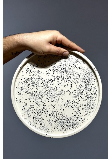 Dekoratif Terrazzo Yuvarlak Tepsi 26 Cm Beton Mermer Desenli Sunumluk Organizer Tepsi Marble