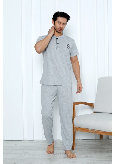 Yüksek Kaliteli Pamuk Penye: Erkekler İçin Mevsimlik 3 Parça Kısa Kollu Pijama Takımı Babalar Günü Hediyesi Gri