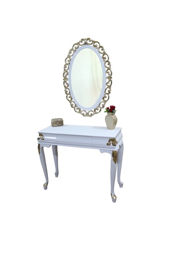 Dresuar-Zigon Takım ASLAN Model Kayın Oyma Varak Parlak Beyaz Boya Nakış OVAL ayna El Yapım Beyaz