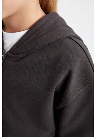 DeFacto Kız Çocuk Antrasit Basic Düz Kapüşonlu Fermuarlı Okul Hırkası C8110A824AUAR227 Antrasit