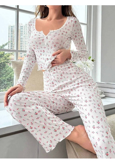 Merry See Çiçek Desenli Uzun Kollu Pijama Takımı Beyaz