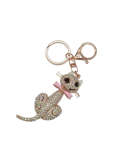 Kristal Taşlı Pembe Papyon Kedi Anahtarlık No.1 Gümüş