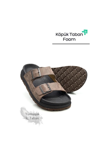 2161 Çift Tokalı Tam Anatomik Tabanlı Günlük,umre Ve Hac İçin Uyumlu Erkek Terlik Kahverengi