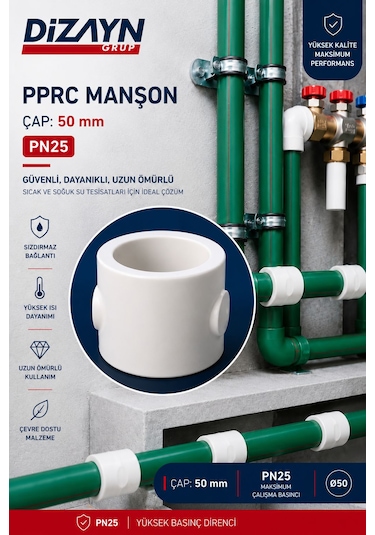 Dizayn Pprc Manşon 50 Mm 15 Adet Pn25 Temiz Su Tesisat Ek Parçası