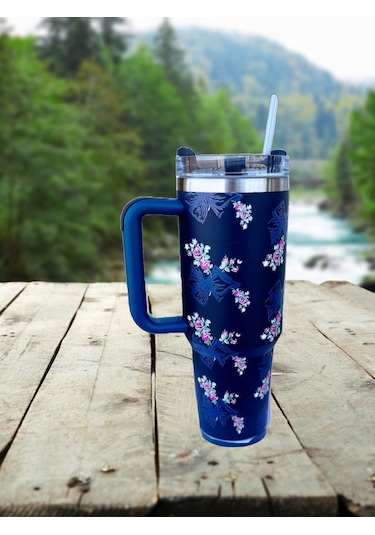 Pipetli 1,2 Litre Kulplu Çelik Termos Renkli - Lacivert Lacivert