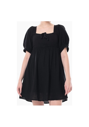 Kısa Kol Lara Kare Yaka Bağlama Detaylı Yazlık Müslin Elbise Siyah Syh-siyah Siyah