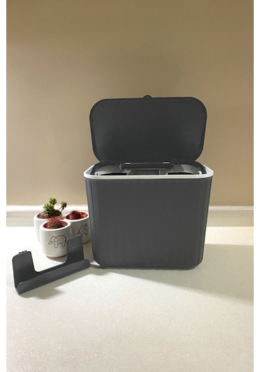 Biltaş Plastik Vailo Gri Çizgili 8 Lt Mutfak Tezgah Üstü Ve Dolap Askılı Çöp Kovası Gri