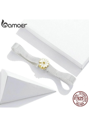 Bamoer Küçük Papatya Kare Delik Boncuk Takı Yapımı İçin Gerçek 925 Ayar Gümüş Göz Kamaştırıcı Kaplama Charm Orijinal Bilezik Bileklik Gümüş