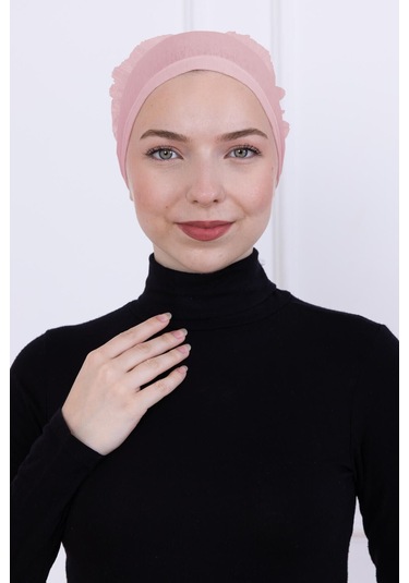 Fırfırlı Önden Dikişli Penye Bone - Kadın Tesettür Bağlamalı Topuz İç Bone-pembe Pembe