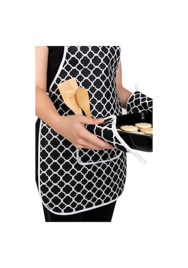 Morlay Mutfak Önlüğü Fırın Eldiveni ve Tutacak Takımı Çeyiz Seti 4'lü Siyah