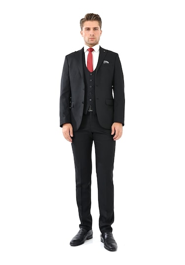 Presto Erkek Yelekli Slimfit Takım Elbise 6 Drop Siyah 778-001 Siyah