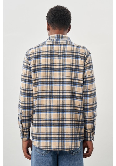 Bej Yünlü Ekose Desen Yumuşak Yaka Cepsiz Uzun Kol Casual Comfort Fit Gömlek 1004245227 Bej