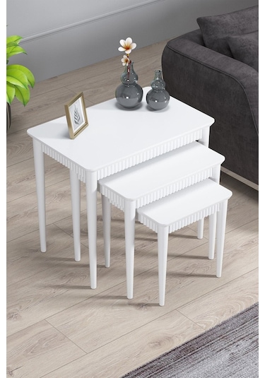 Elegance Beyaz Mdf Lake Boyalı Tabla Gürgen Ayaklı 3 Lü Zigon Sehpa Takımı Çay Sehpası Servis Sehpa Antrasit