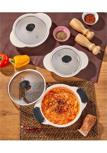 Taç Granit Plus 3'lü Sahan Seti Tak/çıkar Silikon Saplı Krem Tac-4779 Krem