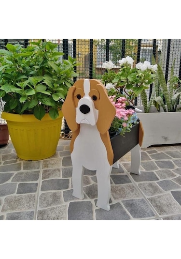 Ahşap Köpek Figürlü Süs Bitki Saksısı - Ev Bahçe Dekorasyonu, İç Ve Dış Kullanım