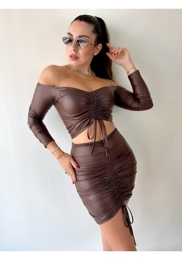 Kadın Büzgülü Deri Etek Takım Fırsat Ürün Çok Renkli