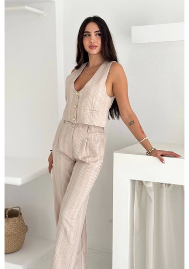Çizgili Kumaş Yelek Takım Krem Krem