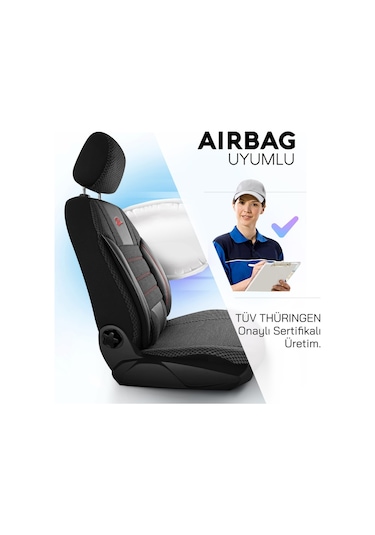 Panda Special Serisi Jakar Kumaş Oto Koltuk Kılıfı - Siyah - Kırmızı