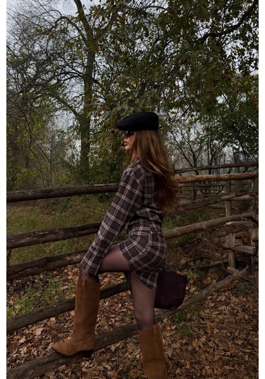 Kahverengi Ekose Gömlek Elbise - 4989 Kahverengi