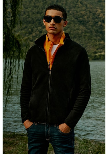 AC&Co / Altınyıldız Classics 4A5221100014SYH3XL Standart Fit Fermuarlı Bato Yaka Polar Erkek Ceket Siyah