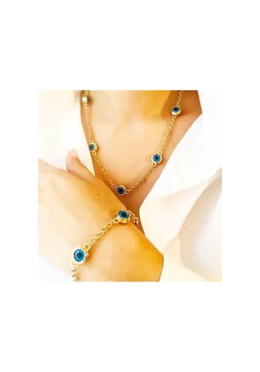 Nazar Boncuklu Altın Kaplama Kolye Bileklik Set 2  Li Altın