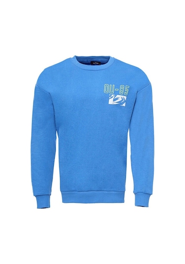 Bisiklet Yaka Ön Ve Arka Baskılı Erkek Mavi Sweatshirt - Wessi Siyah