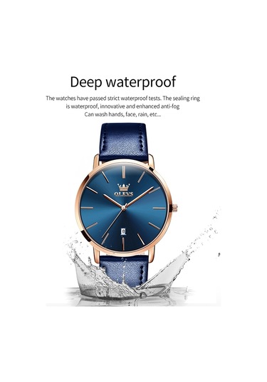 Olevs 5869 Erkekler İş Su Geçirmez Hakiki Deri Kayış Kuvars Saat Mavi + Mavi
