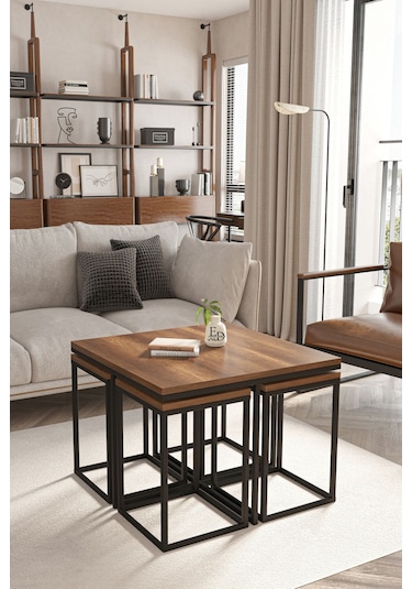 Lizbon 4+1 Kare Sehpa Takımı Siyah Metal - Barok Tabla