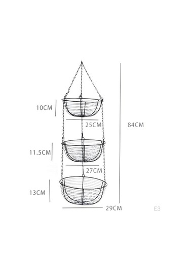 Novahub Demir Asılı Meyve Sepeti Retro, 3 Katmanlı Organizatör, Paslanmaz, Mutfak Dekorasyonu Siyah