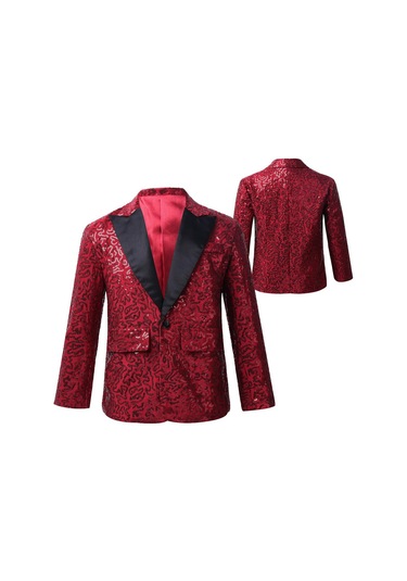 Bordo Çocuk Erkek Köpüklü Payetler Blazer Ceket Düğün Akşam Parti Dans Bir Düğme Resmi Takım Elbise Bordo