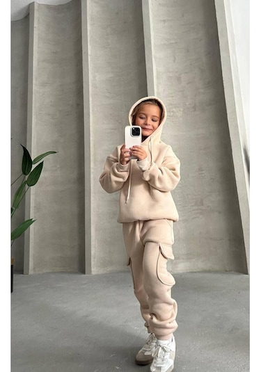 Üç İplik Kapüşonlu Şardonlu Takım Kahverengi - Beyaz