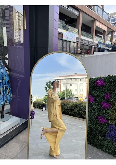 Kol Detaylı Salaş Keten Kimono Safran Sarısı-101 Bej