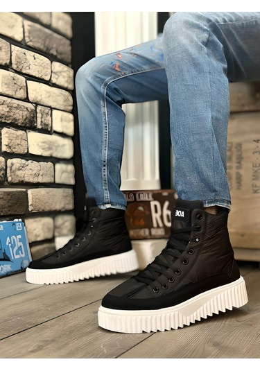 Boa Siyah Paraşüt Kumaş Yüksek Taban Yarım Bilek Erkek Bot Siyah