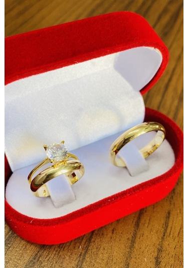 4Mm Bombeli Altın Kaplama Gümüş Alyans Çifti Tektaş Hediye Wr87