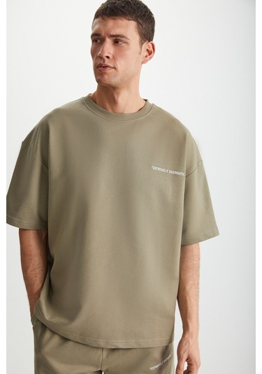 GRIMELANGE Colombıa Erkek 2'li Set Comfort Fit Rahat Kalıp Yazı Nakışlı Şardonsuz Haki Eşofman Takımı Haki