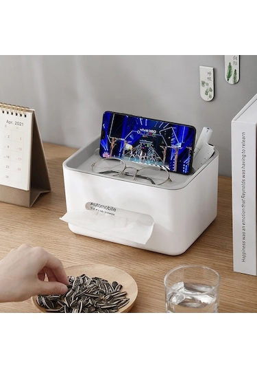 Gri-masaüstü Doku Kutusu Çok Fonksiyonlu Masa Kağıt Kutusu Mendil Kutusu Makyaj Organizatör Peçete Tutucu Telefon Uzaktan Kumanda Tutucu