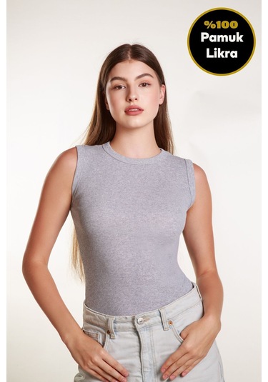 Kadın Gri Fitilli Likralı Sıfır Kol Bisiklet Yaka Örme Atlet Tshirt Bluz Gri