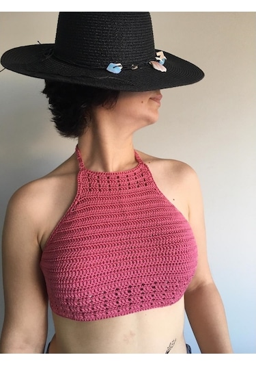 Tuyy El Örgüsü Özel Tasarım Pembe Renk Bikini Üstü Büstiyer