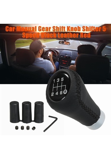 Siyah Araba Manüel Vites Topuzu Shifter Siyah Deri Kırmızı Dikiş 6 Hız Evrensel