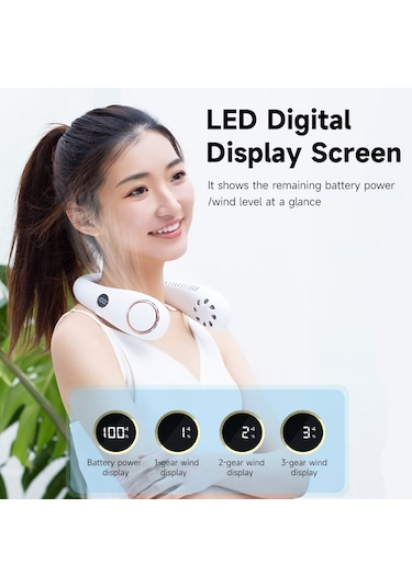 Lemestar Beyaz Boylu Kolsuz Boyun Fanı - 3 Vites Rüzgar Hızı - Led Ekran - 360 Tam Yönlü Havalandırma - 2000mah Batarya Beyaz